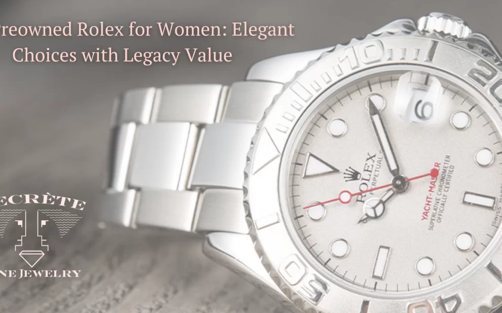 A silver-tone Rolex Yacht-Master watch on a wood table